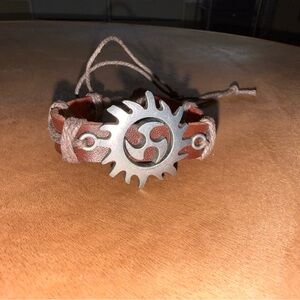 Men's Leather Bracelet with Silver Sunburst Charm